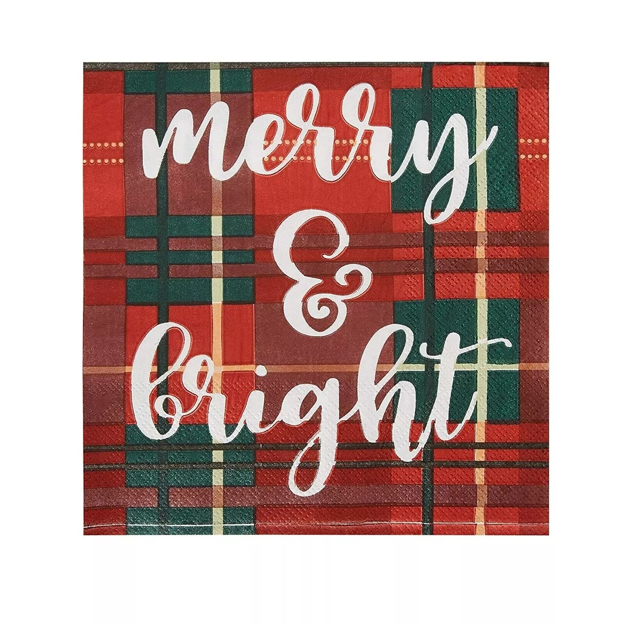 100 Pk Merry and Bright Paper Napkins, Plaid Christmas Party Supplies, 6.5x6.5"